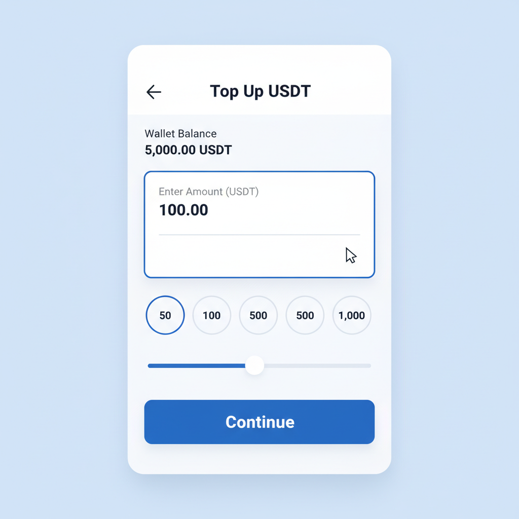 Fasset app interface with USDT top-up screen, input amount field, wallet balance visible, professional fintech style