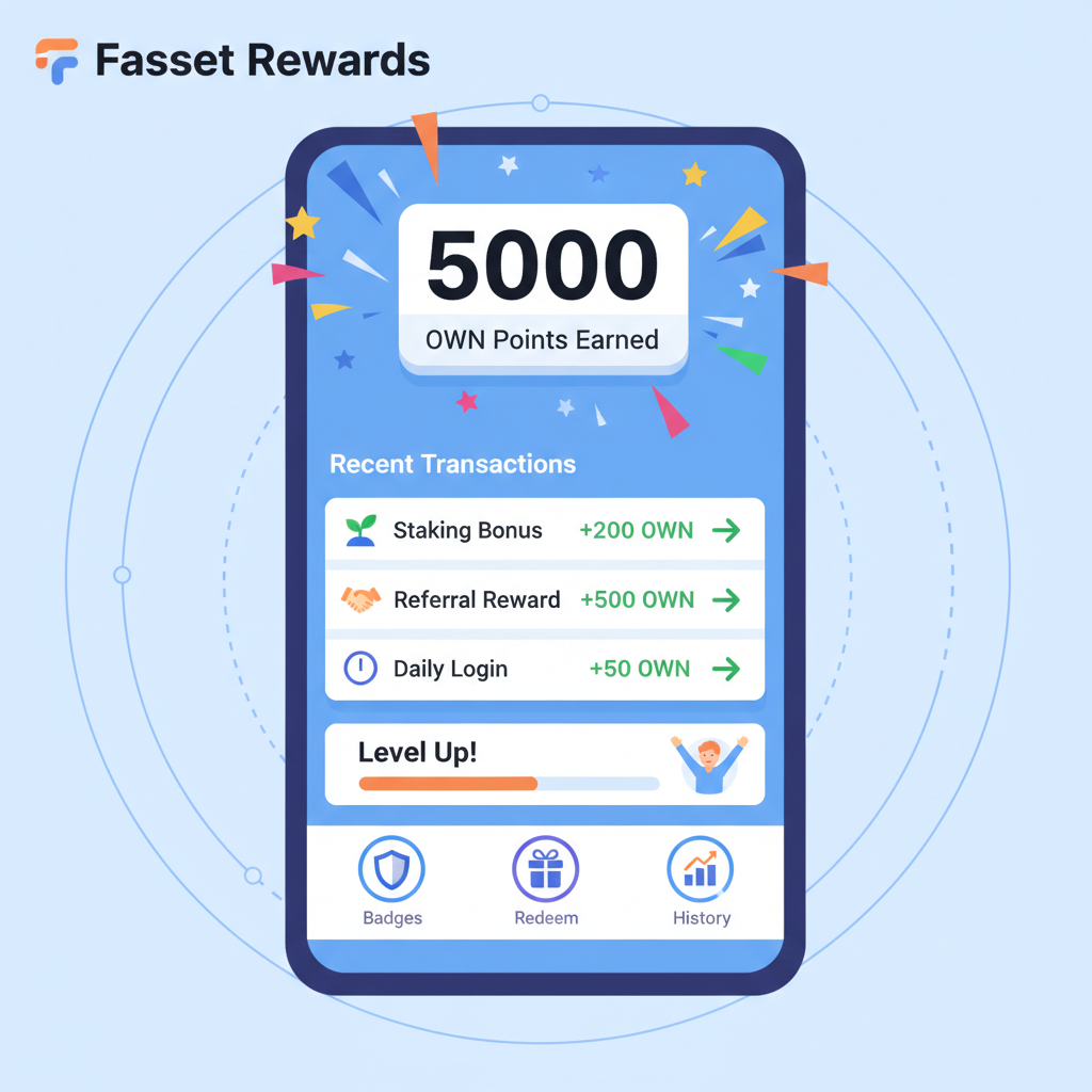 Fasset app rewards screen showing OWN Points earned, transaction details, celebratory graphics, vibrant UI