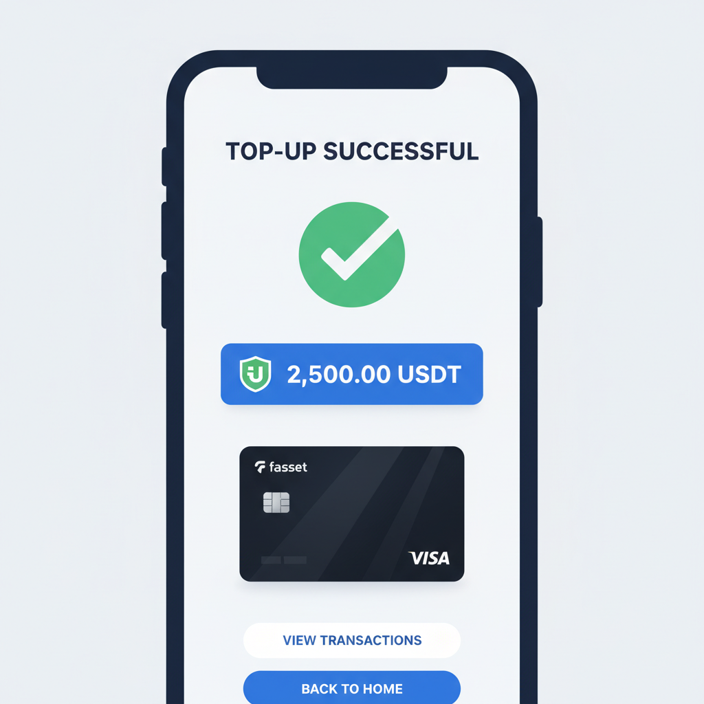 Fasset Visa card balance screen post-top-up, green checkmark, USDT icon, sleek digital wallet design
