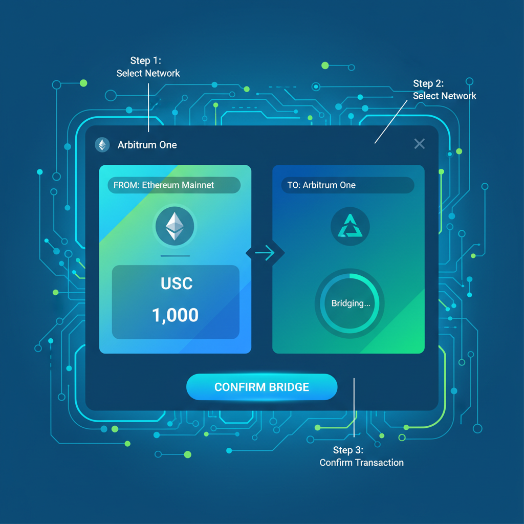 sleek metamask wallet interface connected to arbitrum network, bridging usdc, futuristic defi dashboard, vibrant blues and greens