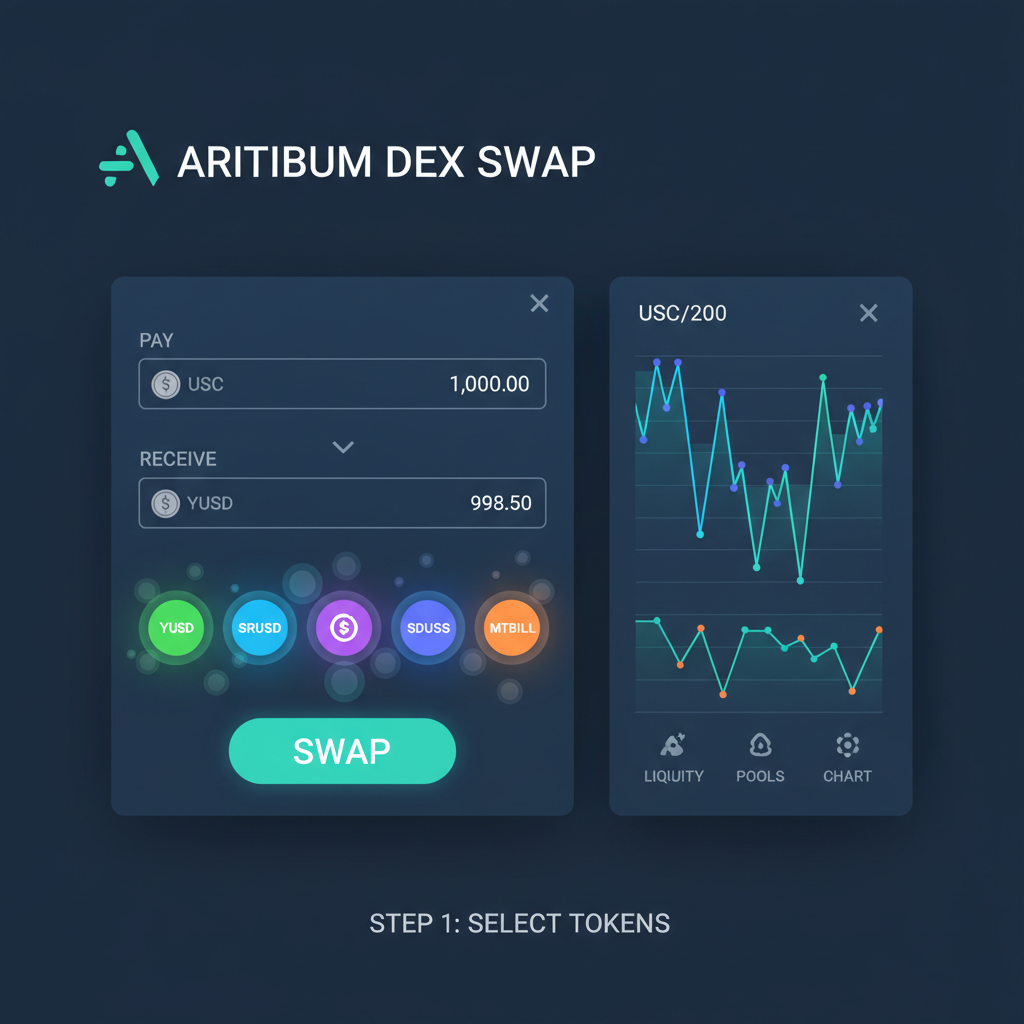 arbitrum dex swap screen usdc to yusd srusd sdusd mtbill, liquidity pools glowing, stablecoin icons, dynamic trading chart
