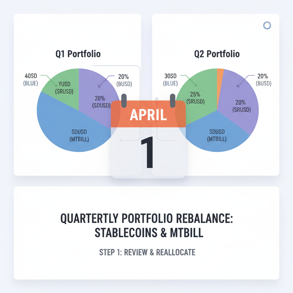 quarterly portfolio rebalance chart stablecoins yusd srusd sdusd mtbill, pie charts shifting, calendar overlay, professional finance ui