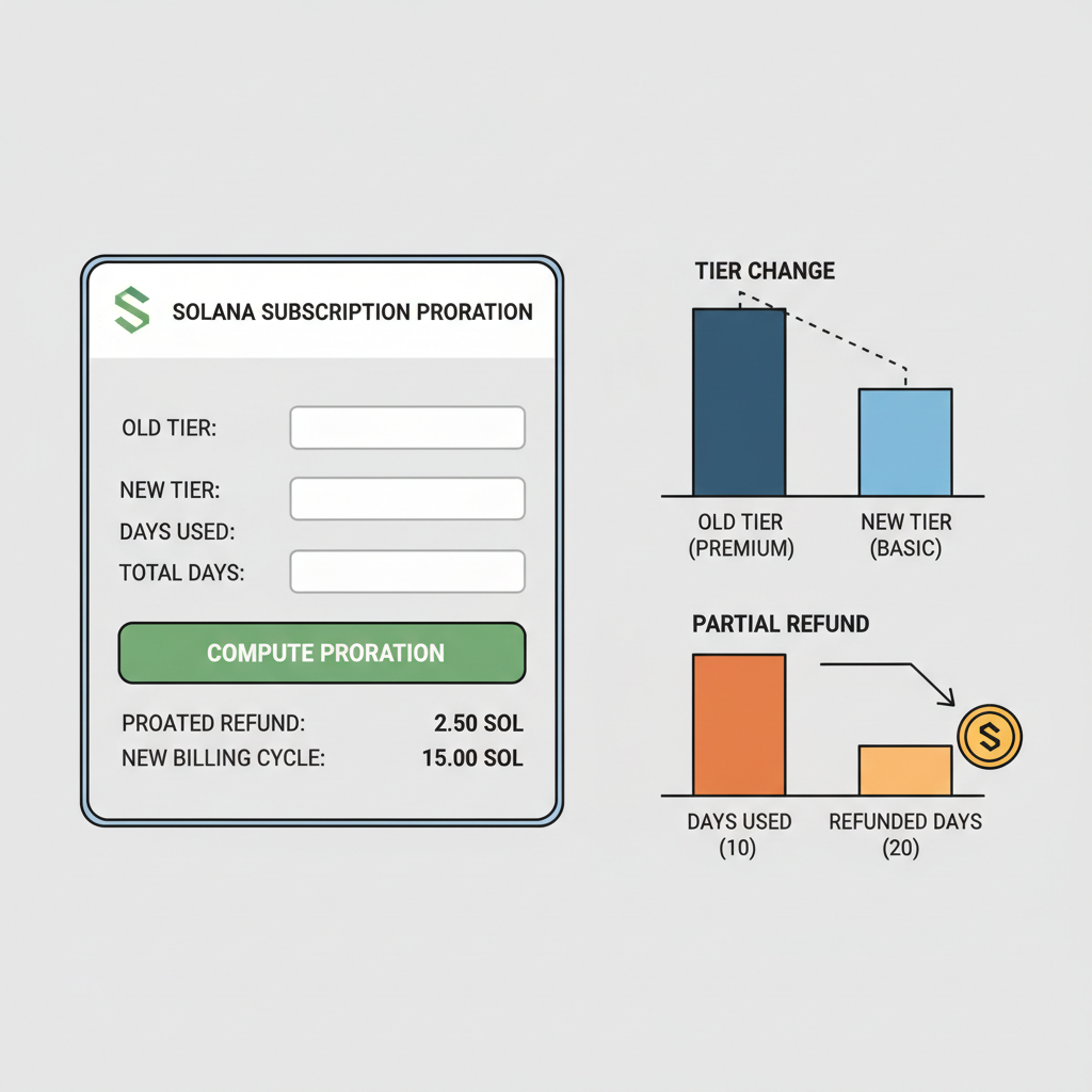 Calculator computing proration on Solana subscriptions, charts showing tier changes and partial refunds