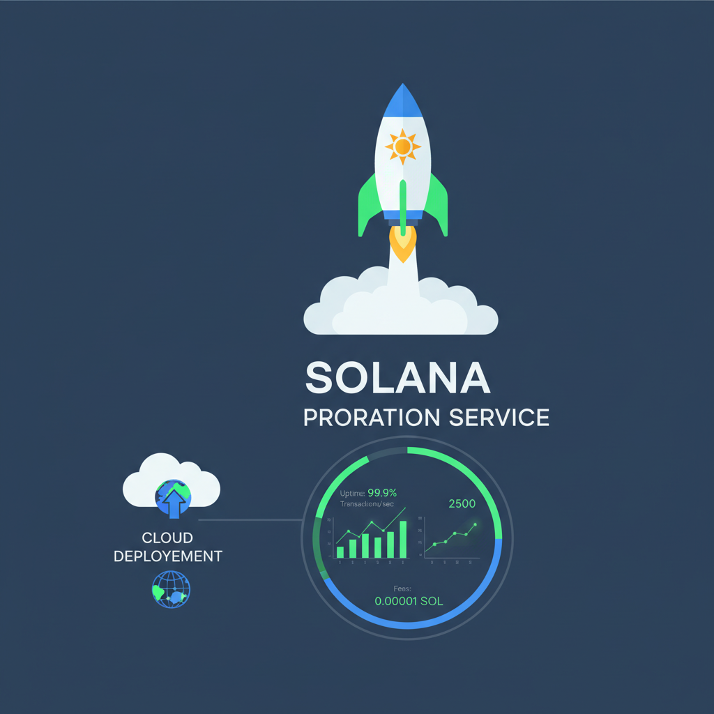 Rocket launching Solana proration service, monitoring dashboard with green metrics, cloud deployment