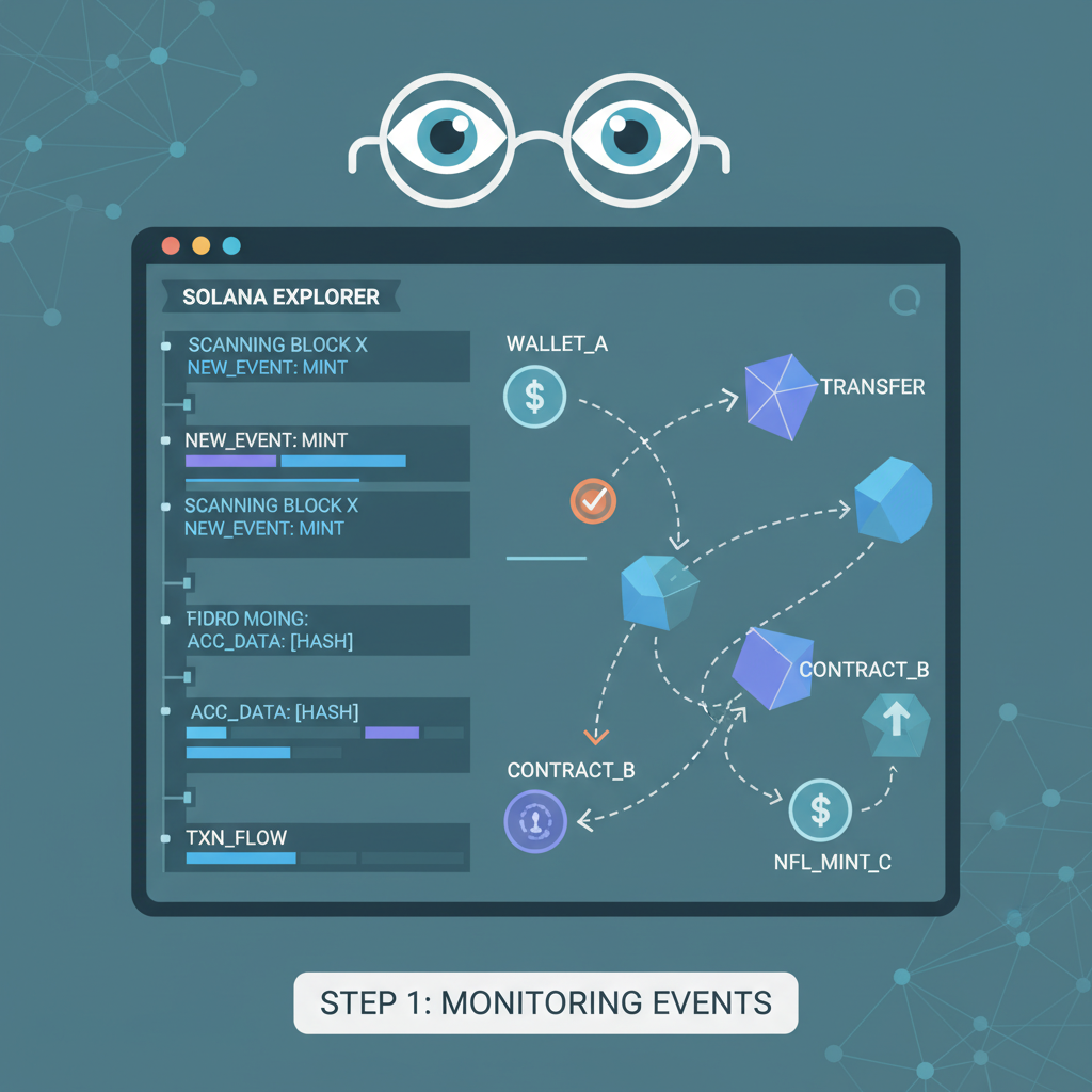 Eyes scanning Solana blockchain events, code parsing account data, dynamic transaction flow visualization