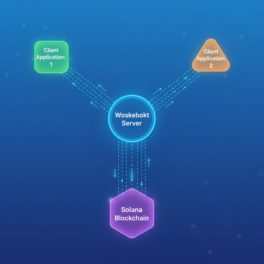 Solana WebSocket connection diagram, glowing data streams from blockchain to server, futuristic network nodes
