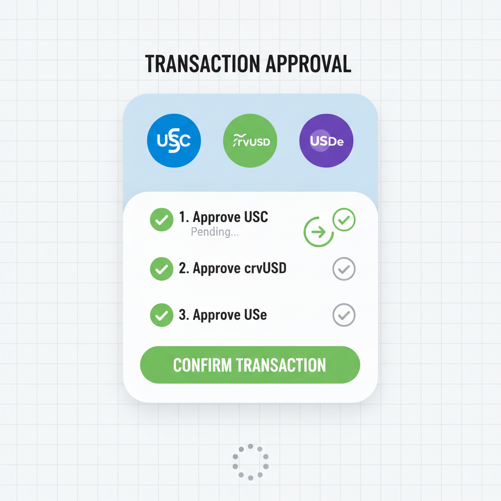 wallet approval screen for USDC crvUSD USDe on Curve, transaction pending animation, green checkmarks