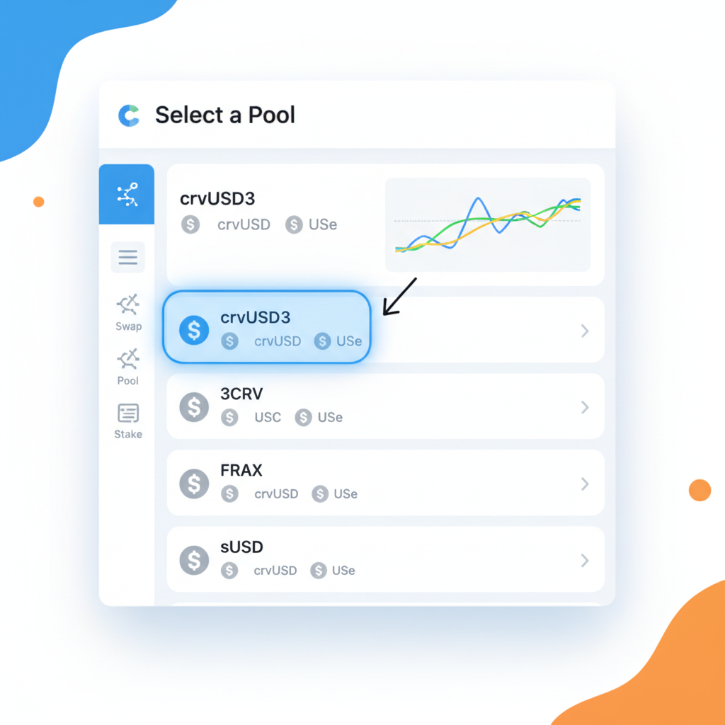 Curve Finance pool selection screen highlighting crvUSD3 pool, stablecoins icons USDC crvUSD USDe, vibrant charts