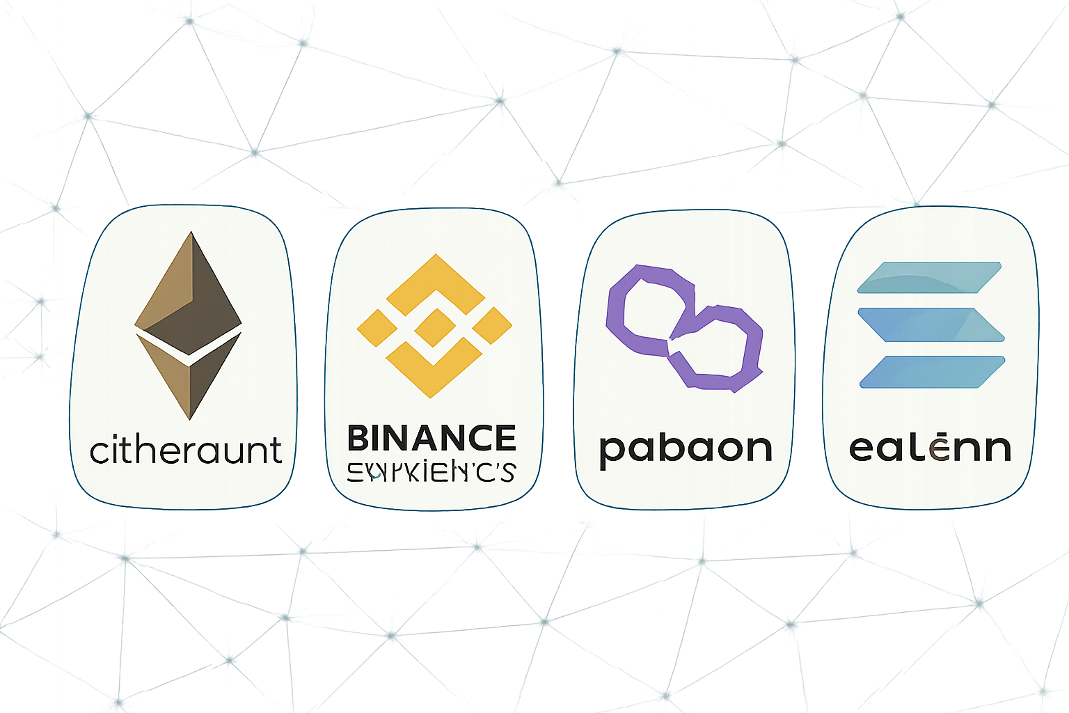 Logos of Ethereum, Binance Smart Chain, Polygon, and Solana arranged side by side, with digital network graphics in the background.