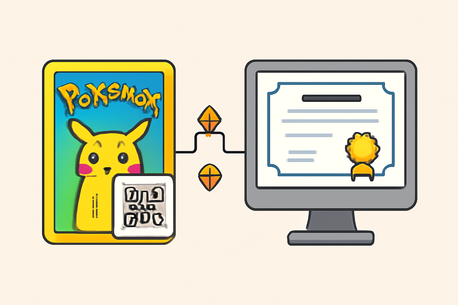 A Pokémon card with a QR code sticker, a digital certificate on a screen, and blockchain icons connecting them.