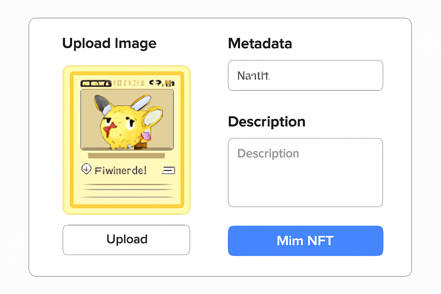A web interface showing NFT creation: image upload, metadata fields, and a 'Mint NFT' button, with a Pokémon card image on display.