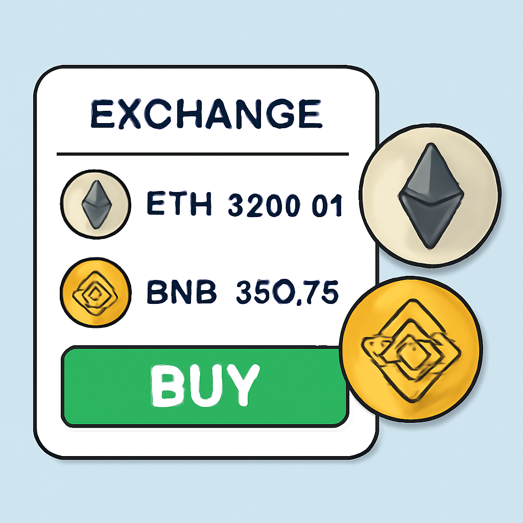 A digital exchange screen showing ETH and BNB prices, with a 'Buy' button highlighted and coins visually represented.