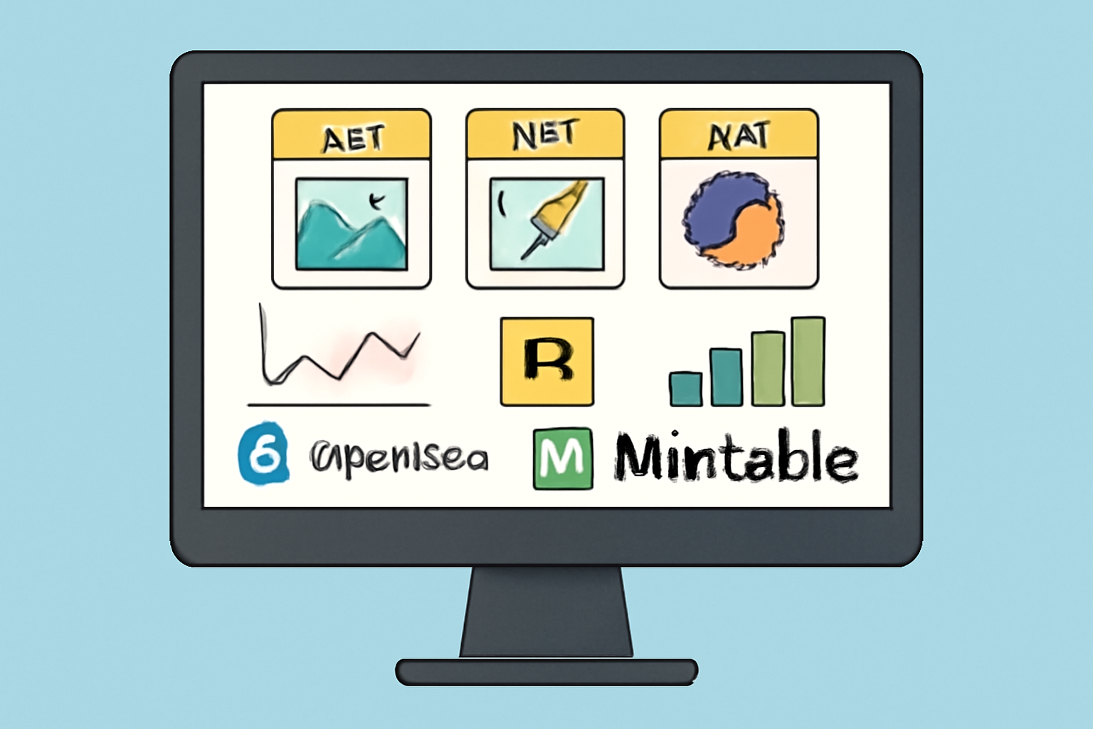 A computer screen displaying the OpenSea, Rarible, and Mintable logos, with NFT cards and trading charts in the background.