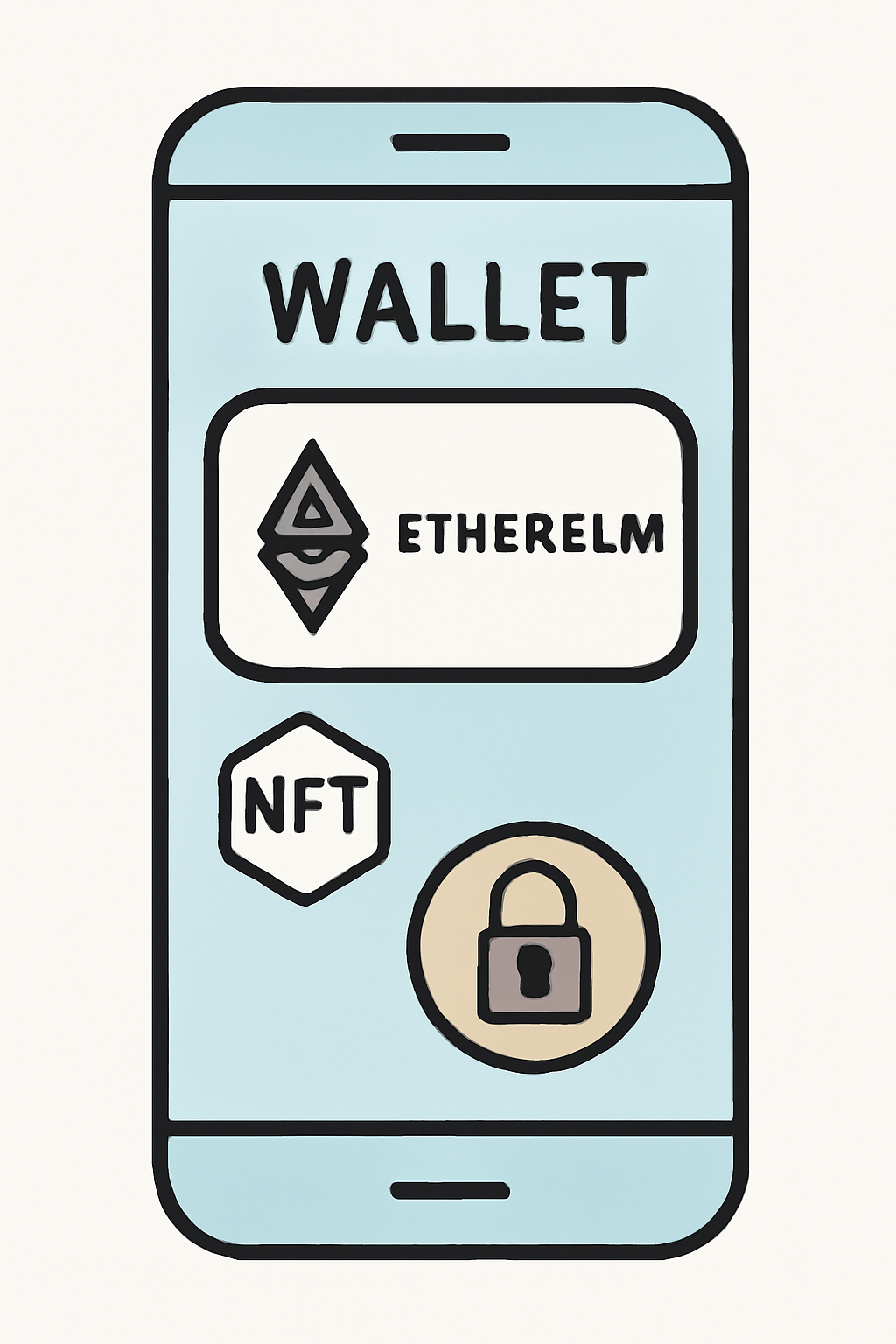 A digital wallet app interface on a smartphone, displaying Ethereum and NFT icons, with a secure lock symbol.