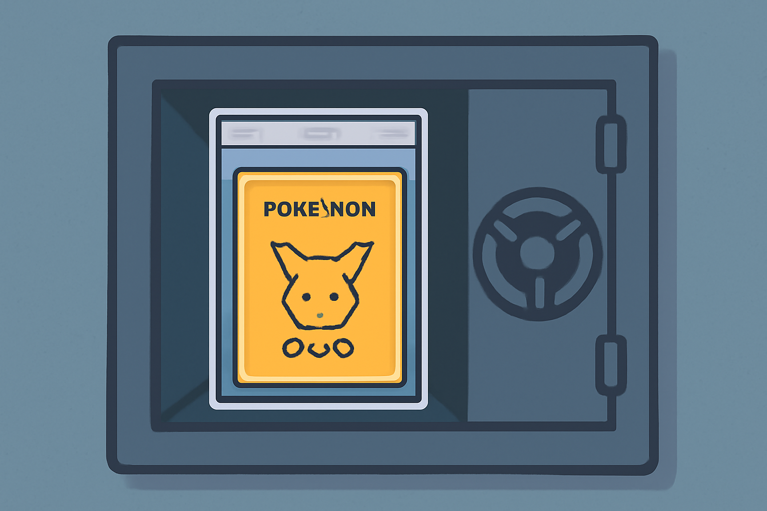 A rare Pokémon card inside a transparent, sealed protective case, placed in a secure vault or safe.