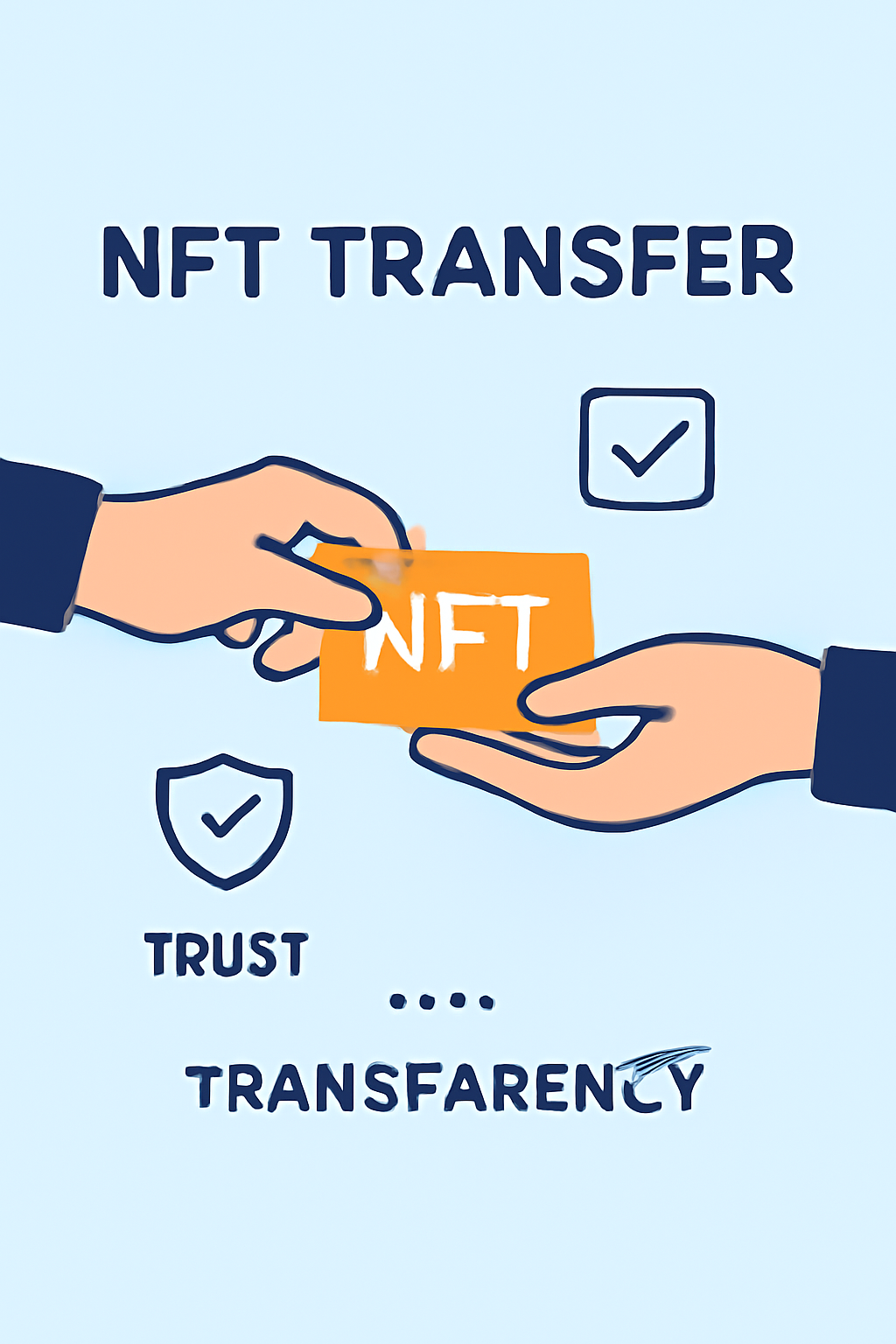A digital NFT transfer screen, with hands exchanging a card and digital confirmation icons, emphasizing trust and transparency.