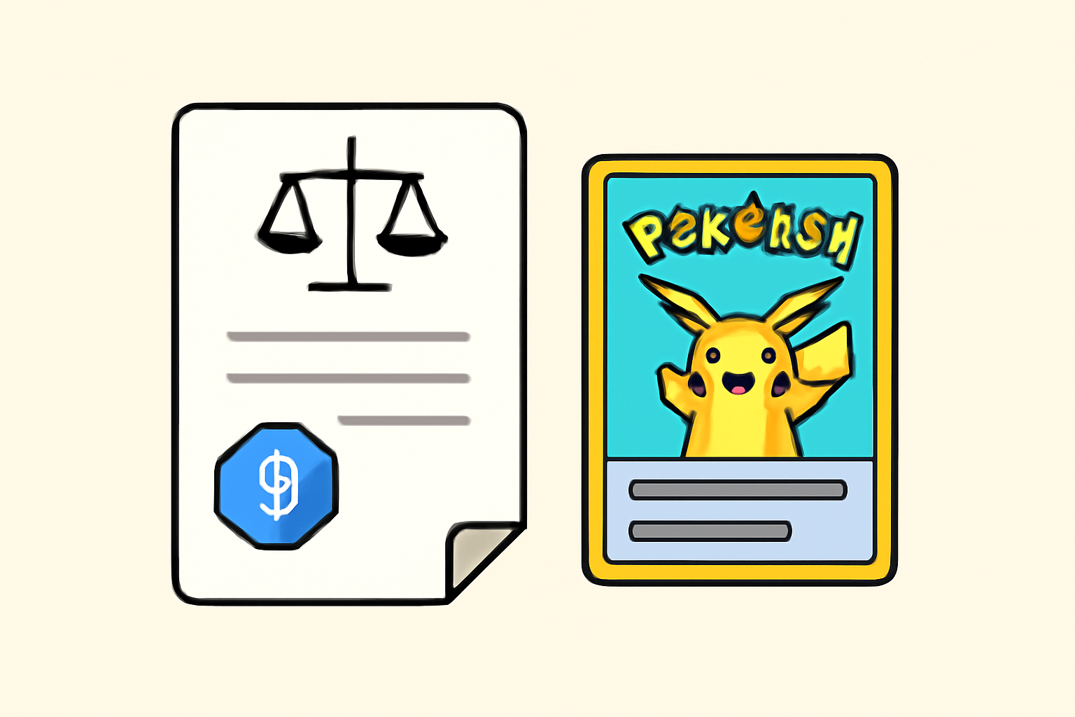 A legal document with a blockchain seal, scales of justice, and a Pokémon card beside it, representing compliance and ownership.