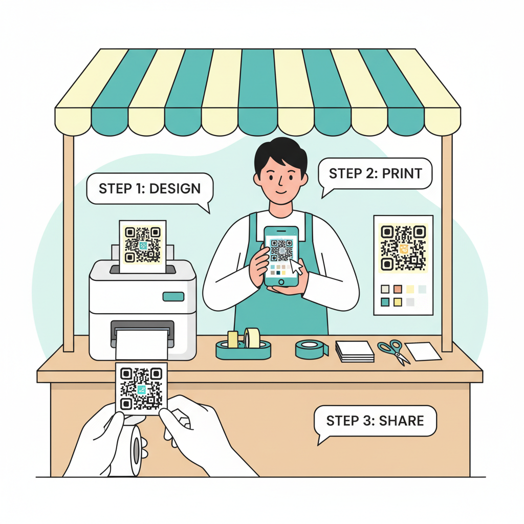 vendor customizing QR code on phone, printing sticker at stall