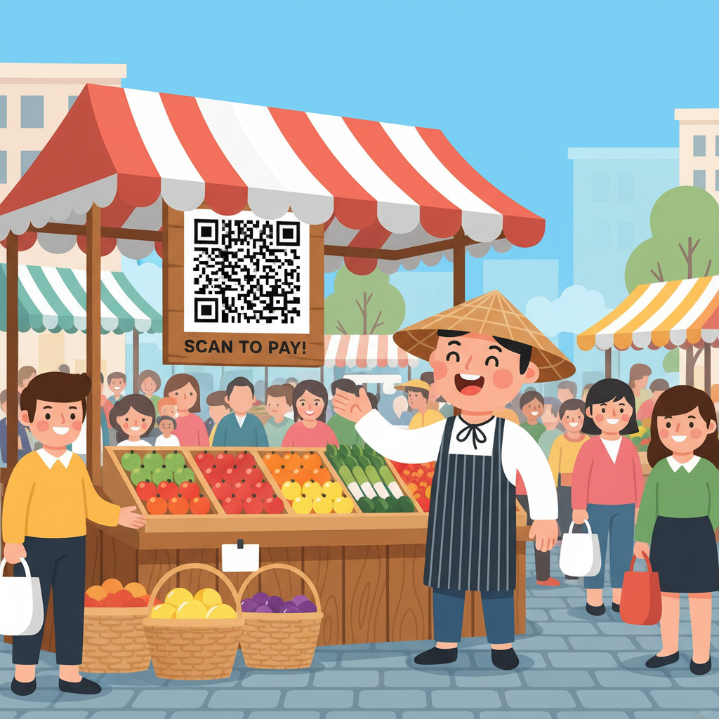 busy street market stall with large QR code sign, smiling vendor