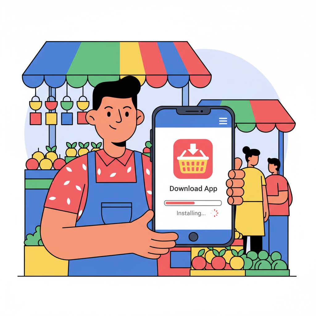 street vendor smartphone downloading app from store, colorful market stall background