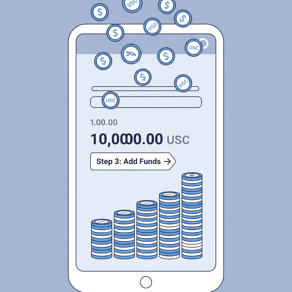 wallet app filling with USDC icons, coins stacking up