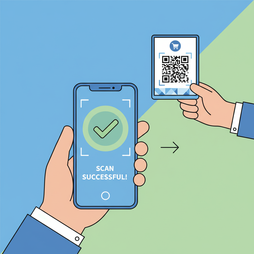 customer scanning vendor QR code with phone, success checkmark
