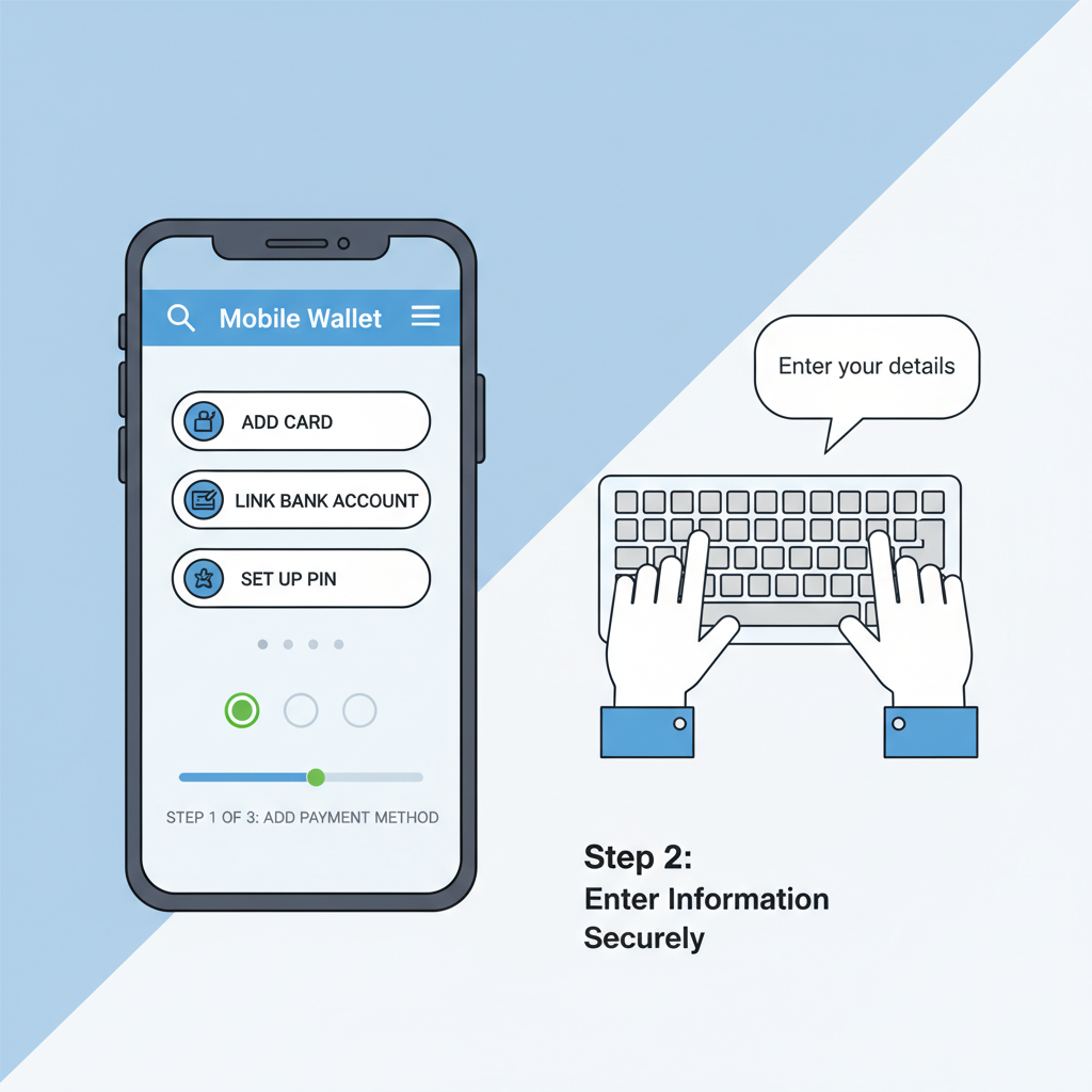 phone screen showing wallet setup interface, hands typing on keyboard