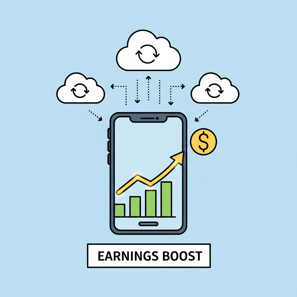 phone syncing data with cloud icons, earnings graph rising