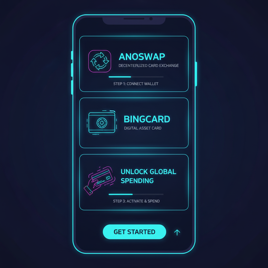 sleek mobile app screen showing crypto card platforms like Anoswap and BingCard, vibrant neon blues, futuristic UI, motivational energy