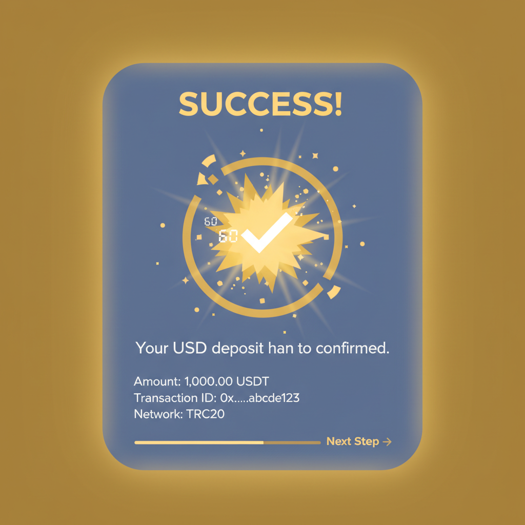 confirmation screen with USDT deposit success, ticking 60-second timer exploding with checkmark, triumphant golden glow