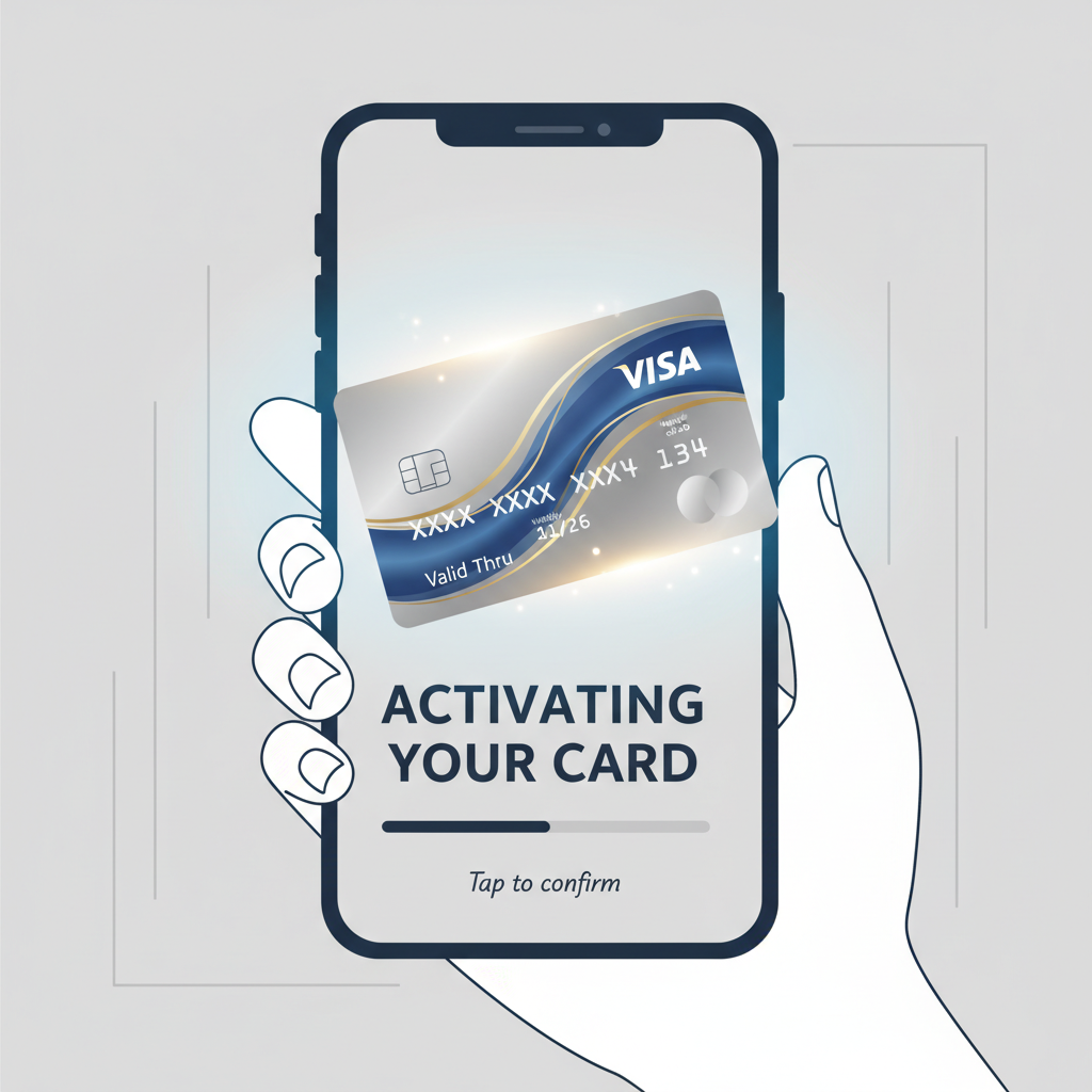 virtual Visa card activating on phone screen, card details shimmering into view, elegant metallic design, empowering vibe