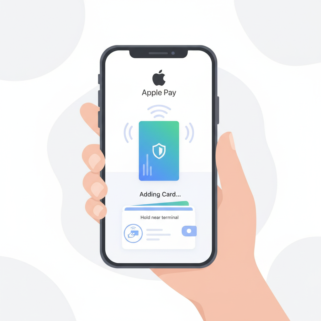 phone adding virtual card to Apple Pay wallet, smooth animation, contactless payment icons, modern tech lifestyle