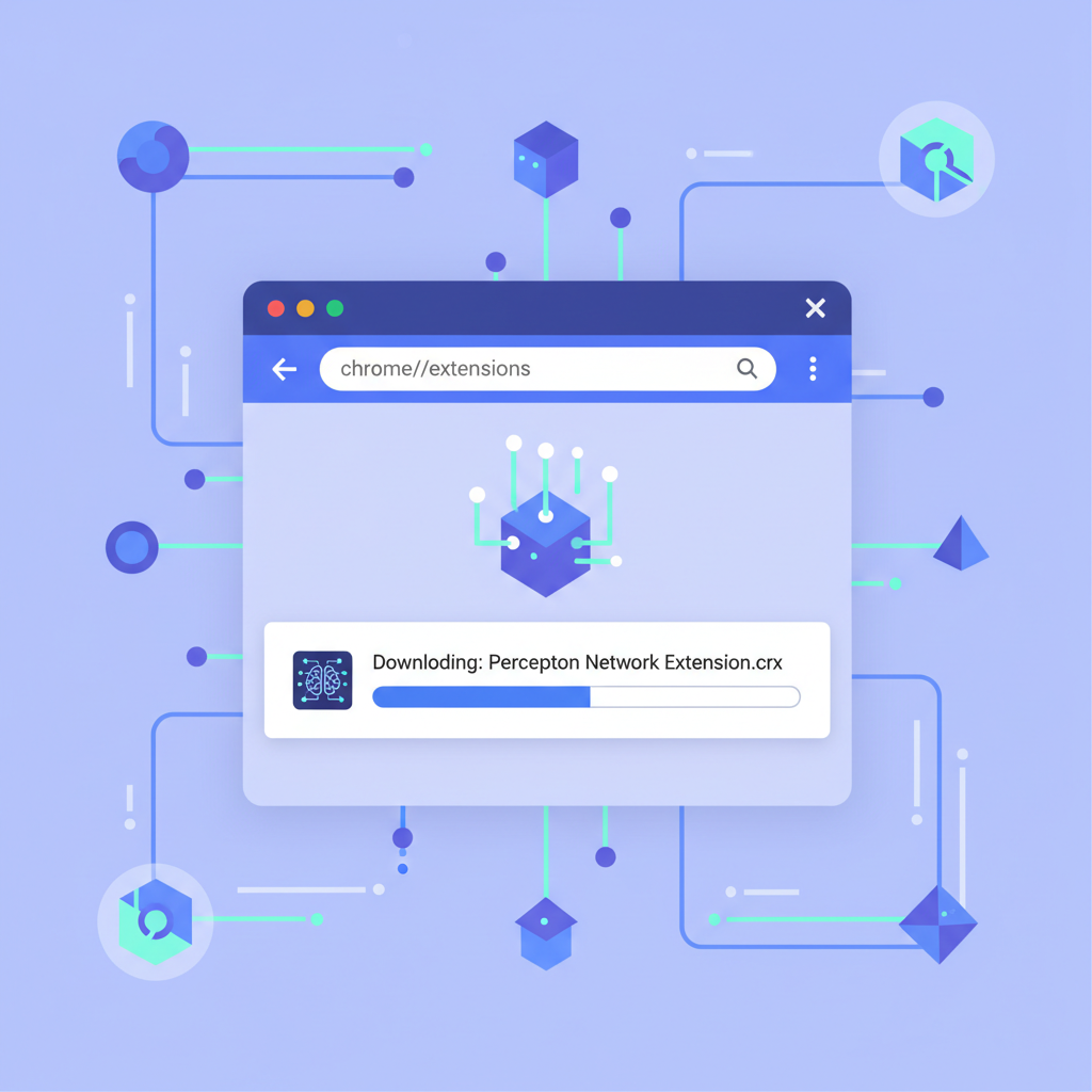 chrome browser downloading perceptron network extension, futuristic depin ai nodes background