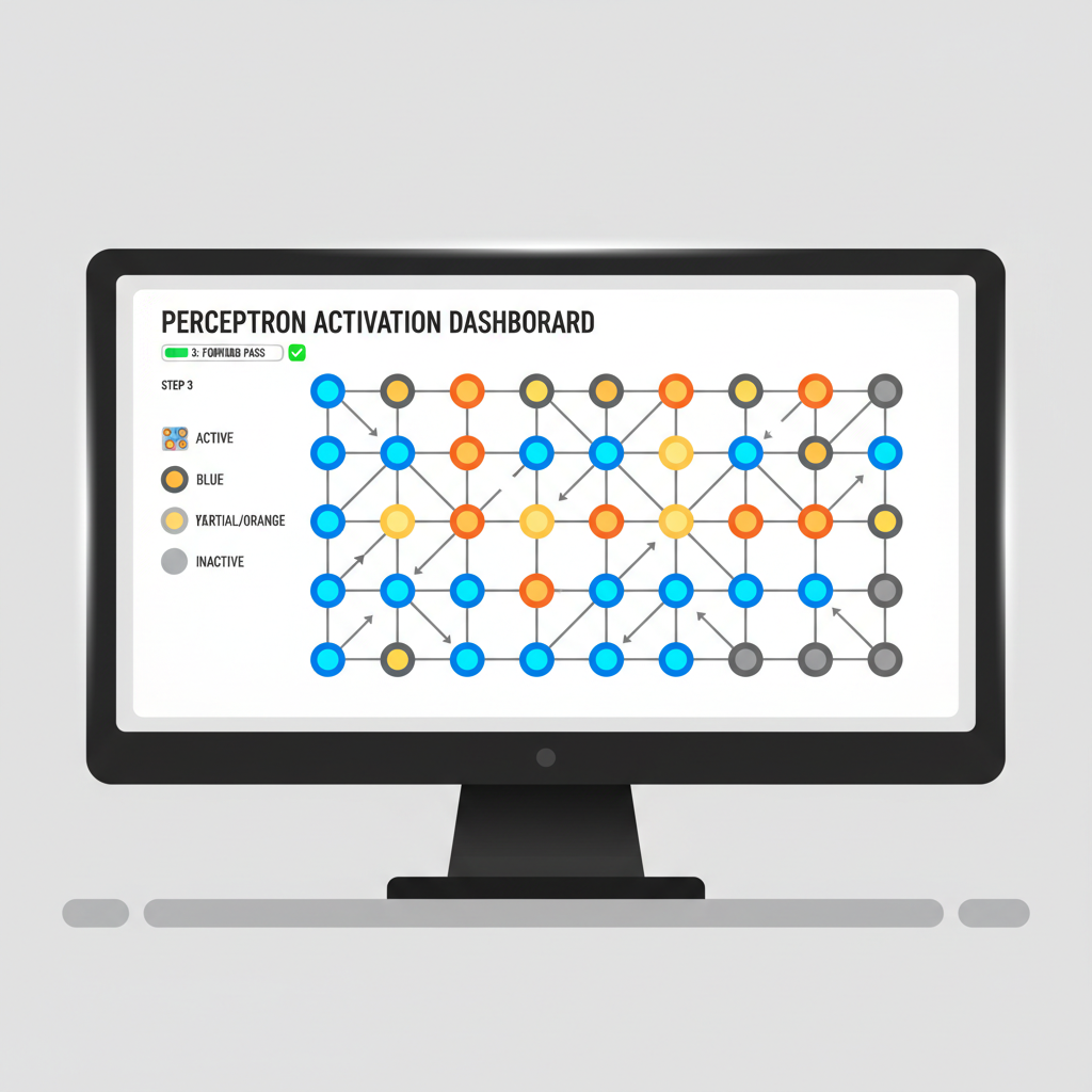computer screen showing perceptron node activation dashboard, glowing node icons