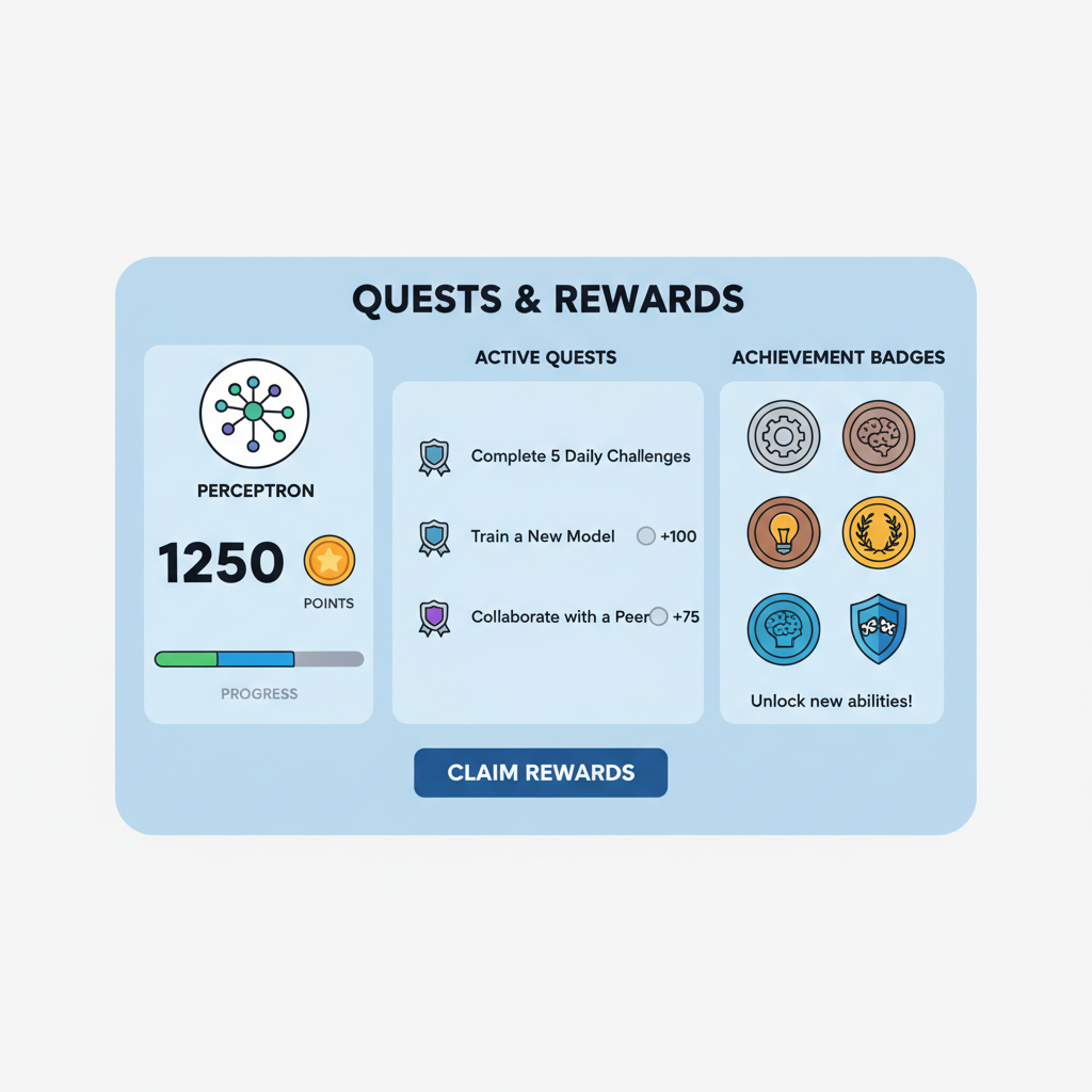 quest panel in perceptron app, rewards badges and points counter