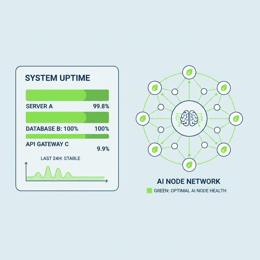 uptime monitoring dashboard with green metrics, ai node network map