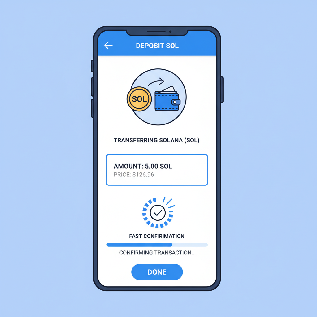 Saga wallet deposit interface showing SOL transfer, price ticker $126.96, fast confirmation animation
