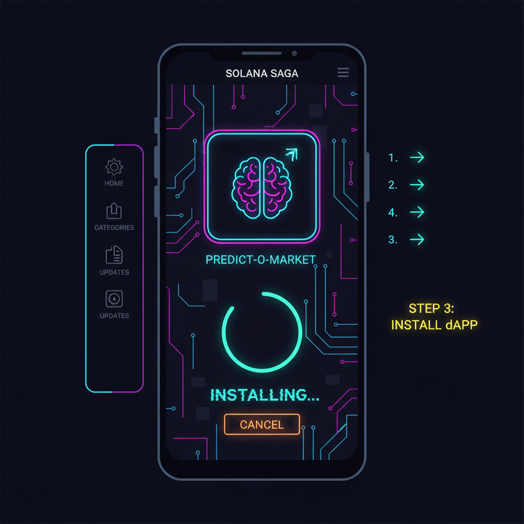 Solana Saga phone dApp Store screen installing prediction market app, neon UI, cyberpunk vibe