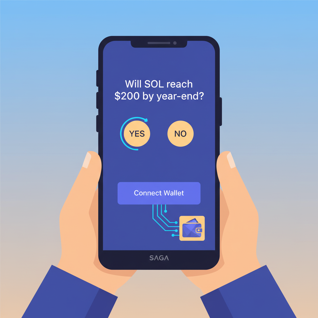 Saga phone screen with prediction dApp open, wallet connecting animation, glowing blockchain links