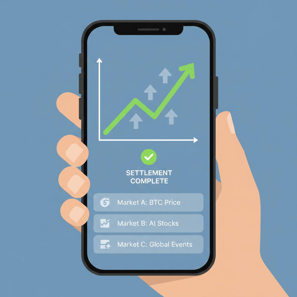 Prediction market dashboard on Saga phone, green profit graph, settlement notification badge