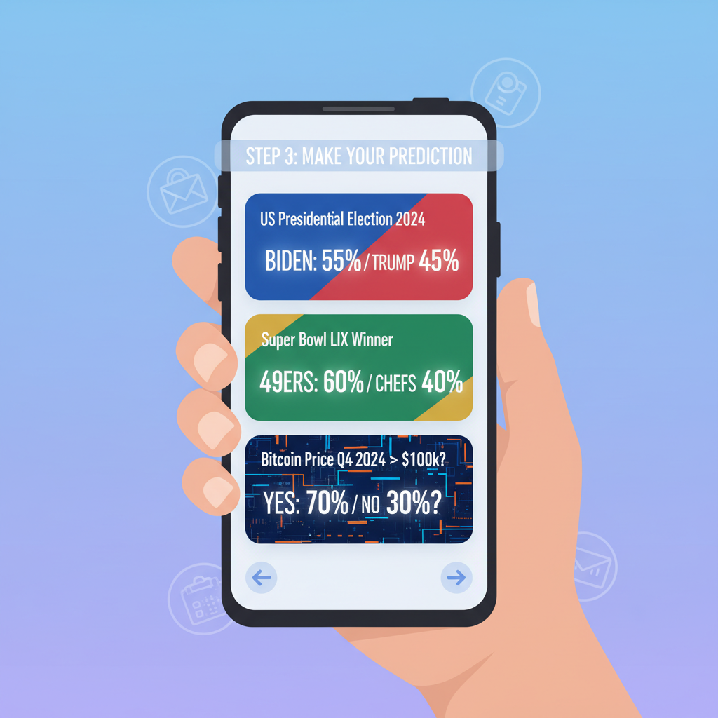 Tinder-style stack of prediction market cards on Saga phone, events like elections sports crypto, vibrant odds display