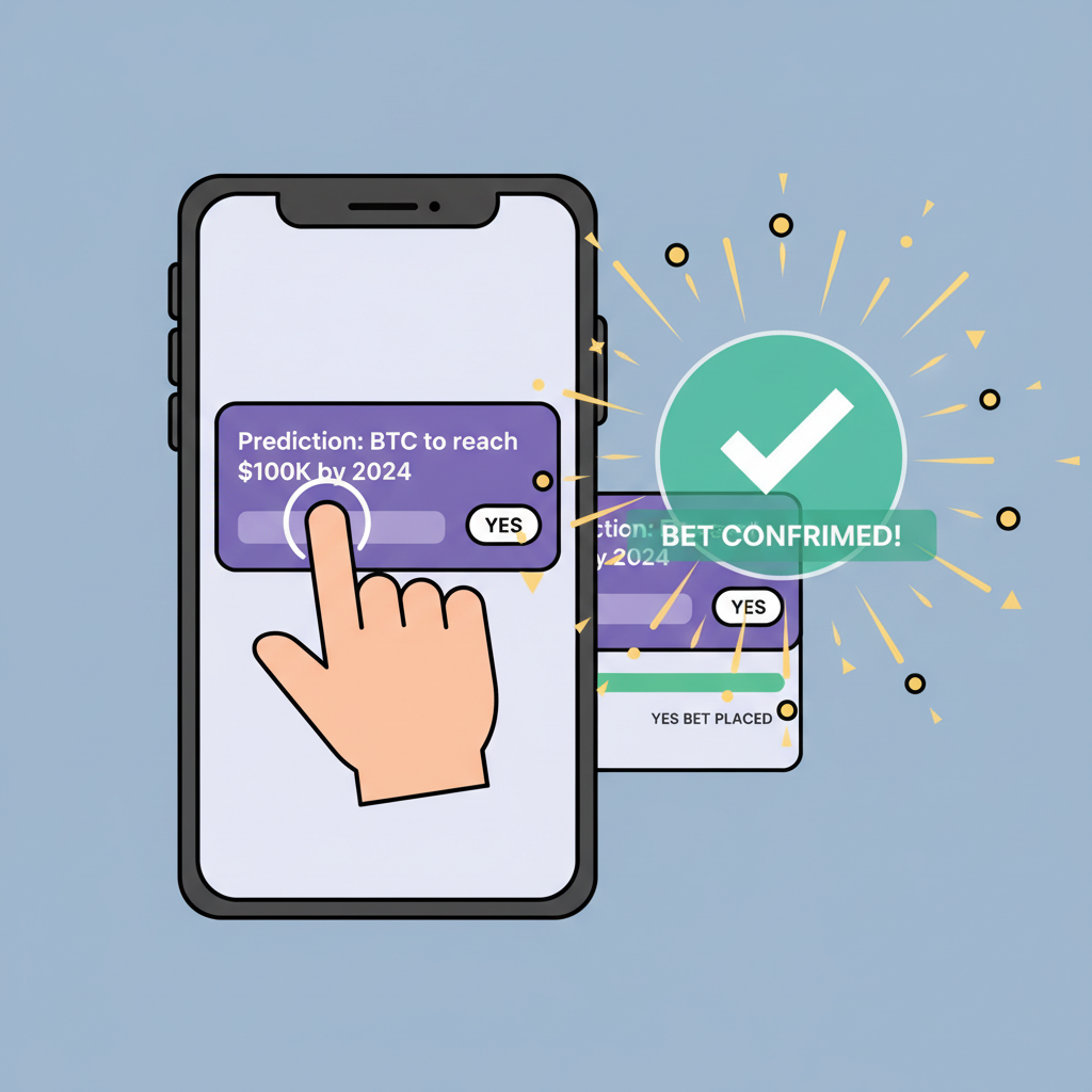 Finger swiping right on prediction market card, yes bet confirmation popup, explosive win particles