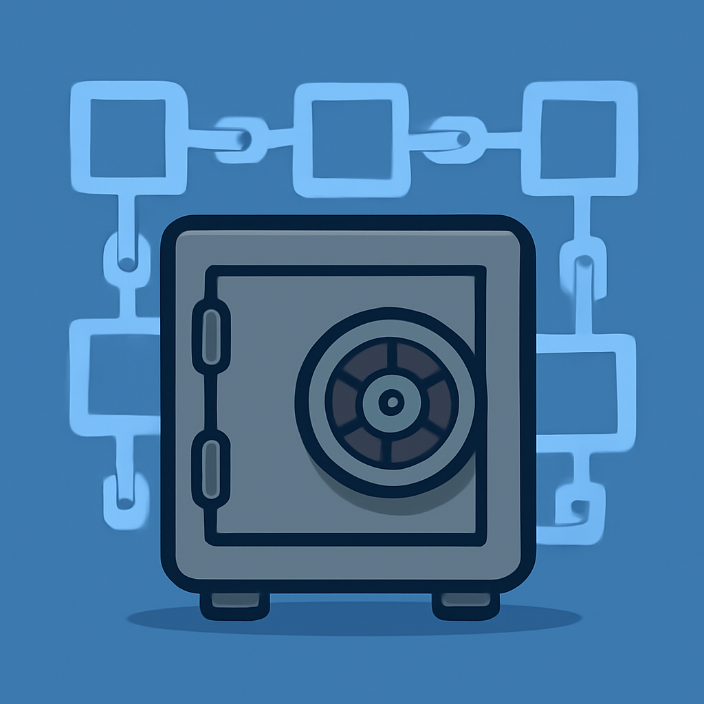 A secure digital vault with a blockchain in the background, symbolizing confidential and secure transactions.