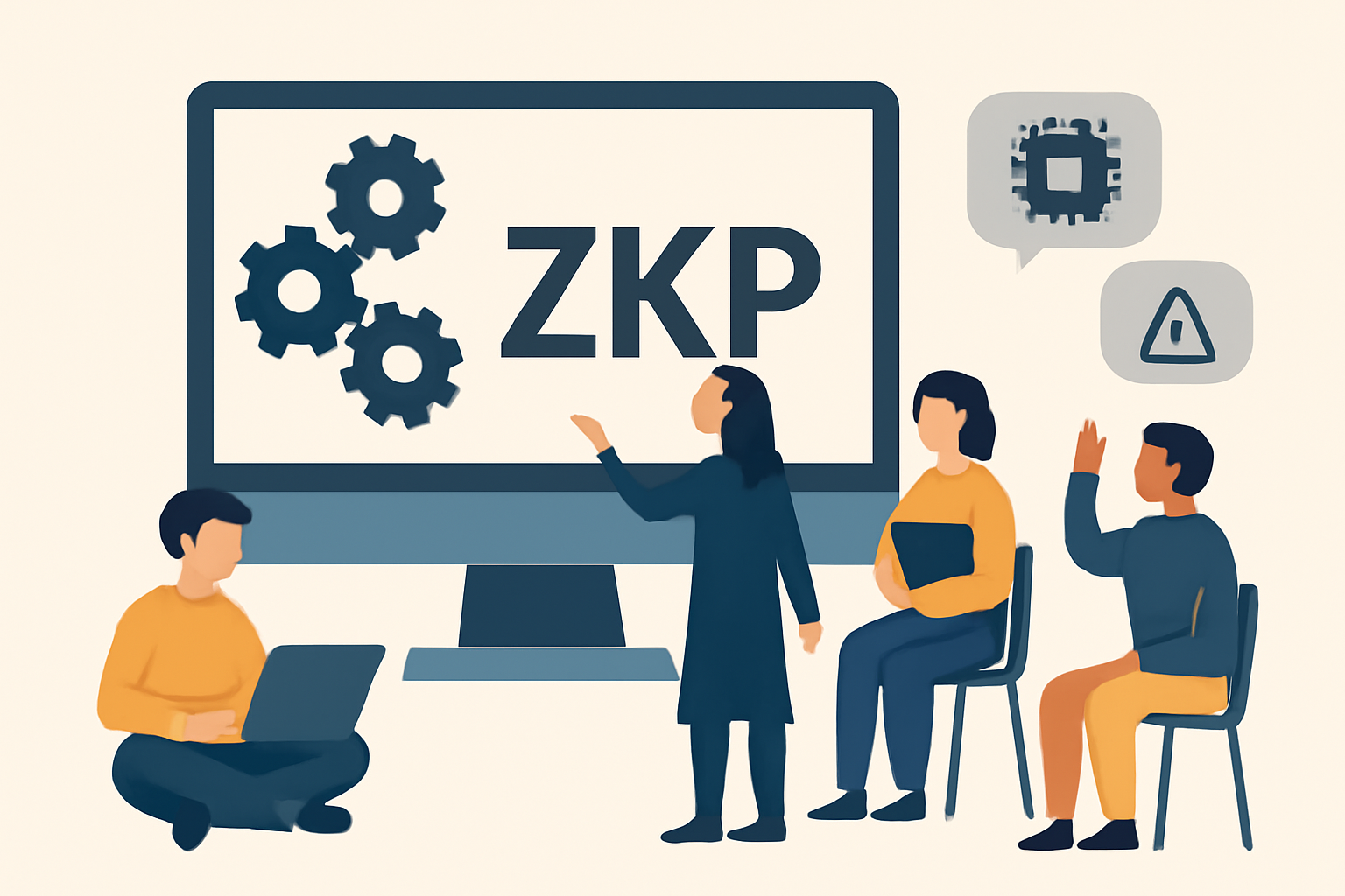 A computer with gears turning slowly and a group of users learning about ZKPs, highlighting resource and adoption challenges.