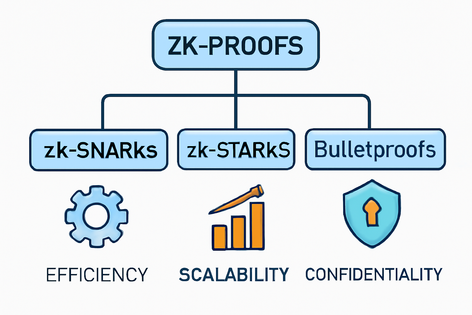 A decision tree showing zk-SNARKs, zk-STARKs, and Bulletproofs, each with icons representing efficiency, scalability, and confidentiality.