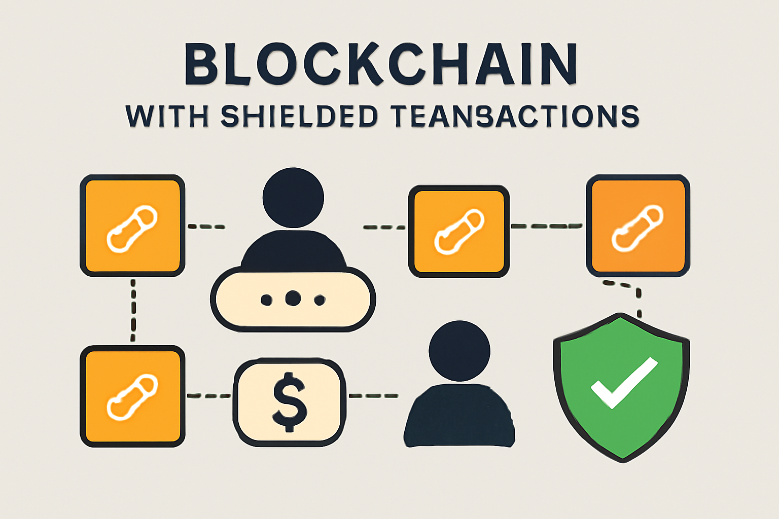 A blockchain with shielded transactions, where user identities and amounts are hidden but a green checkmark shows verification.