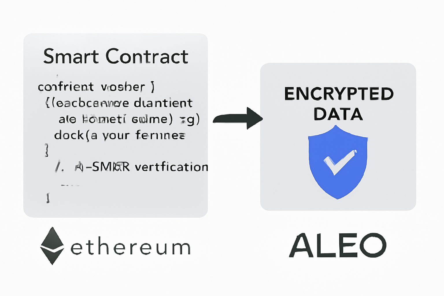 A smart contract code snippet with encrypted data and a shield icon, showing integration of ZKPs on Ethereum and Aleo platforms.