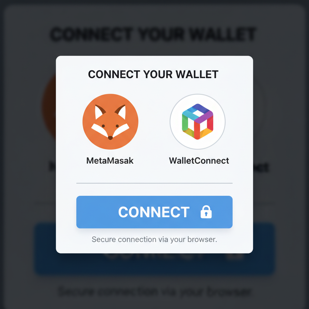 wallet connection modal, MetaMask and WalletConnect icons, connect button highlighted, secure popup screen