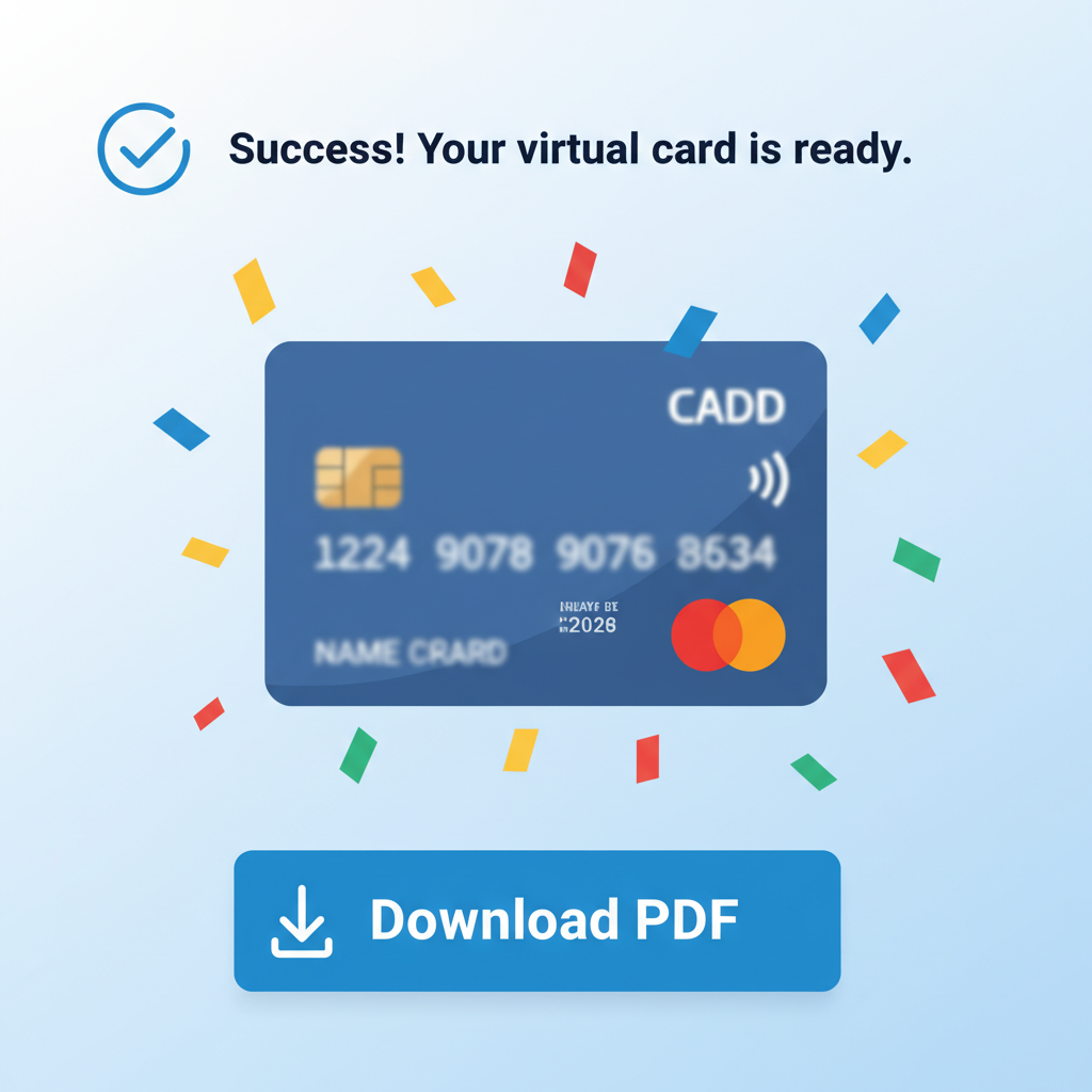 success screen with virtual Mastercard details blurred for security, download PDF button, confetti animation
