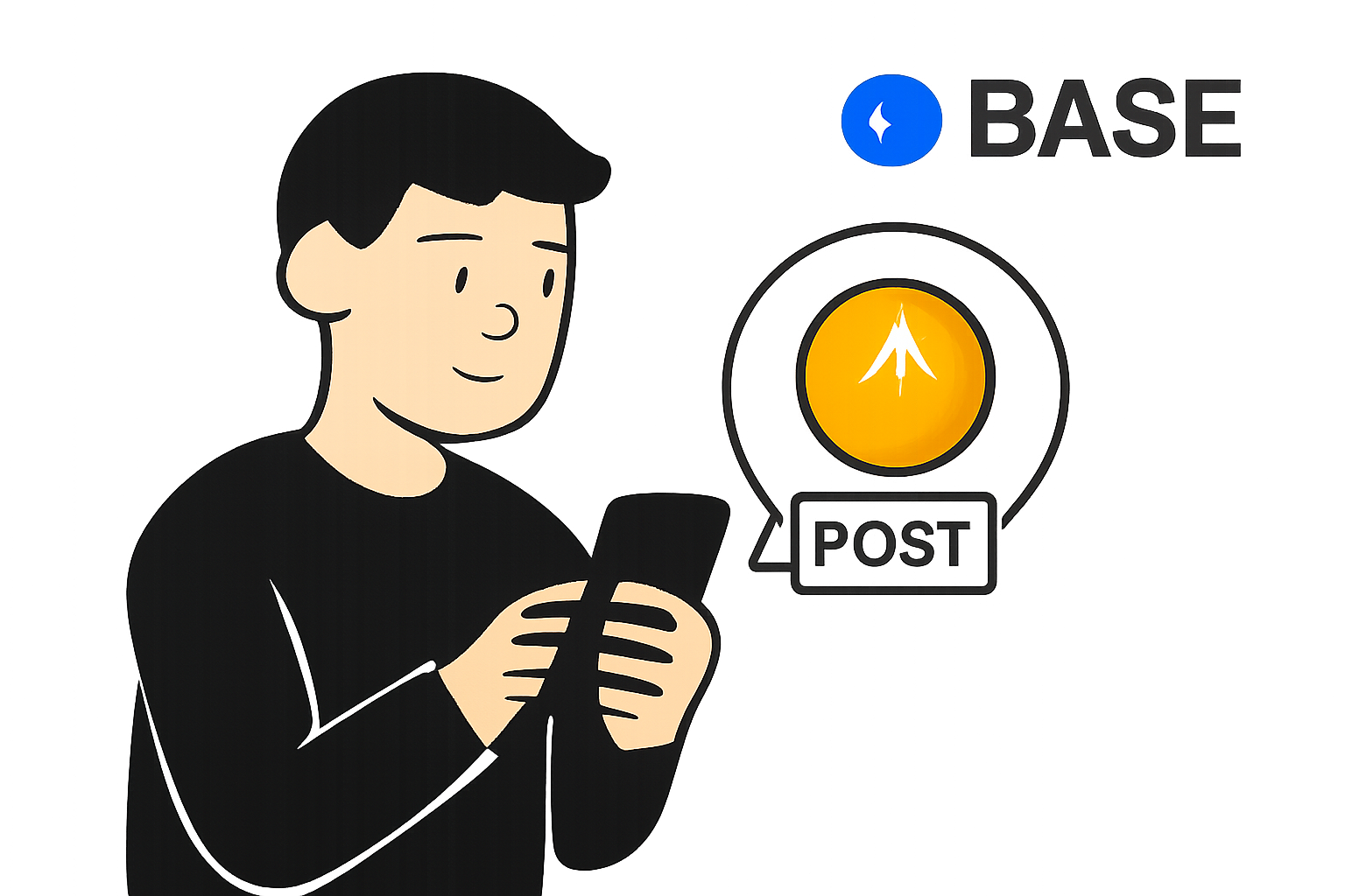 A user minting a digital creator coin or posting on a decentralized social platform, Base logo in the corner.